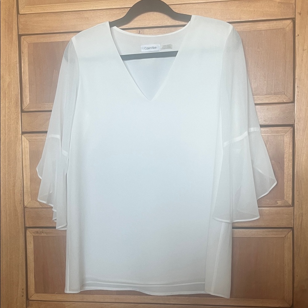 Calvin Klein Women's Sheer Sleeve White Blouse